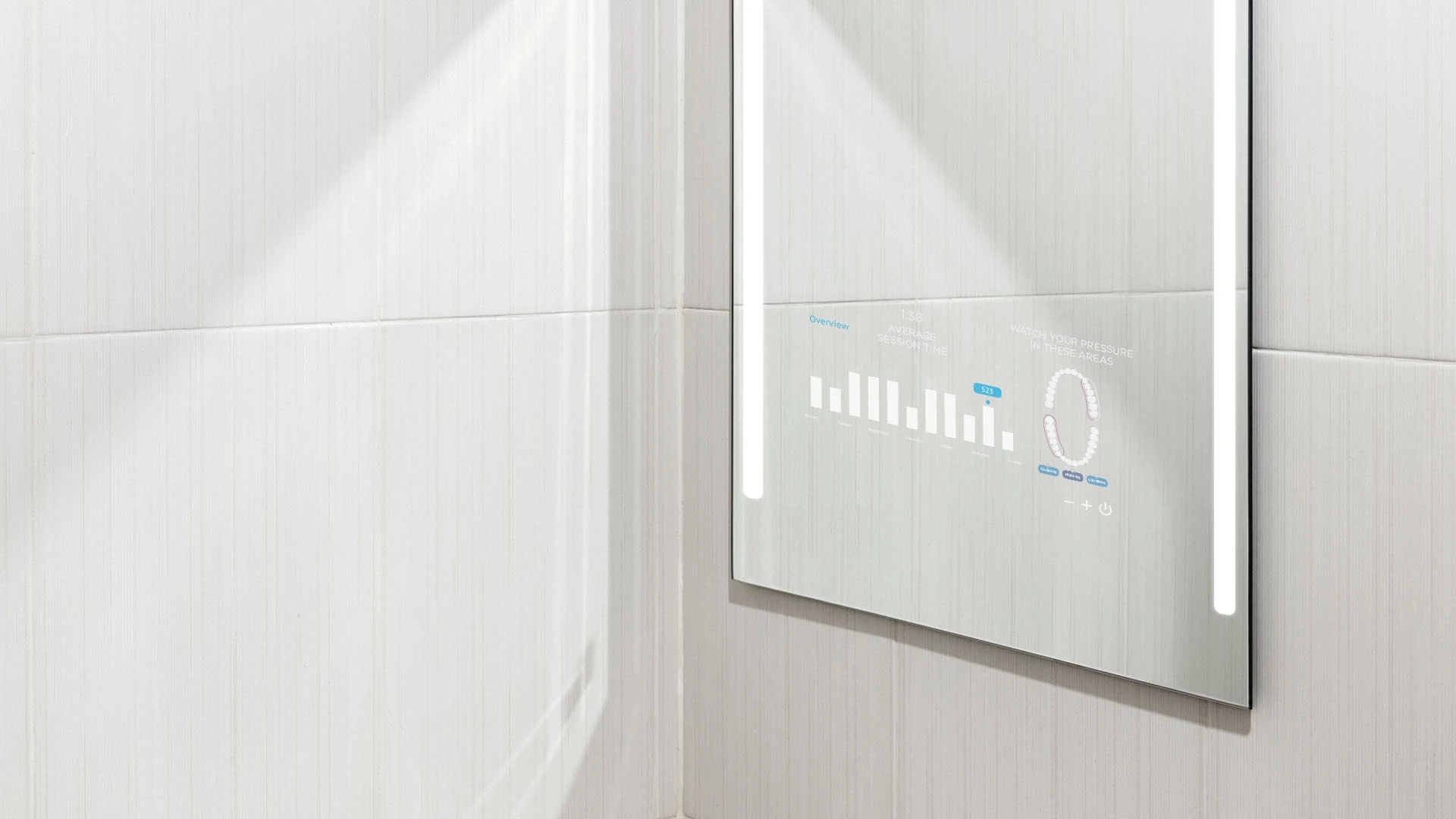 A smart mirror TV that has a digital screen displaying the overview of teeth health.