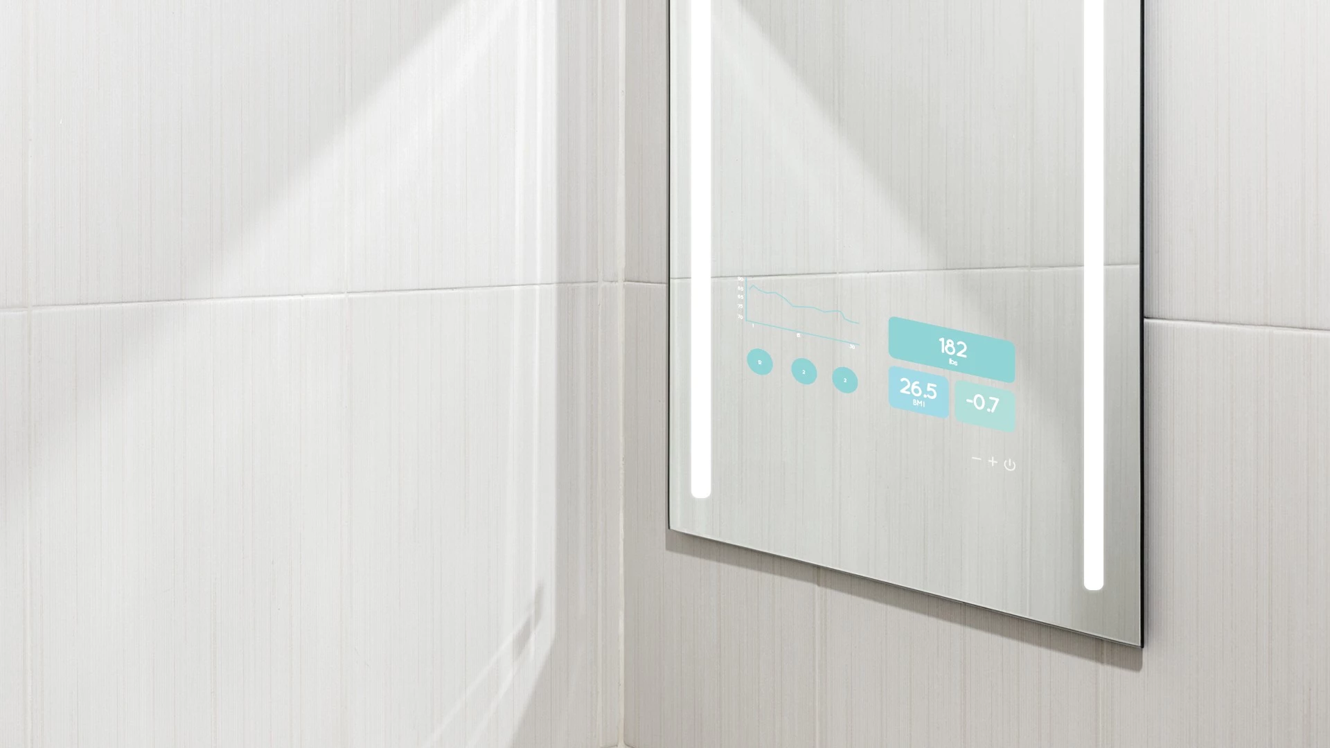 Bathroom mirror featuring digital smart weighing scale.