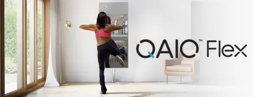 QAIO Flex logo and a woman exercising in front of a fitness smart mirror.