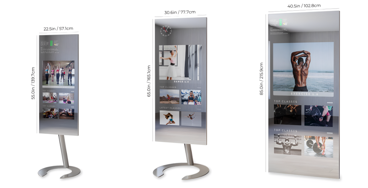 Three different sizes of QAIO flex fitness mirror with people dancing and working out on the screen.