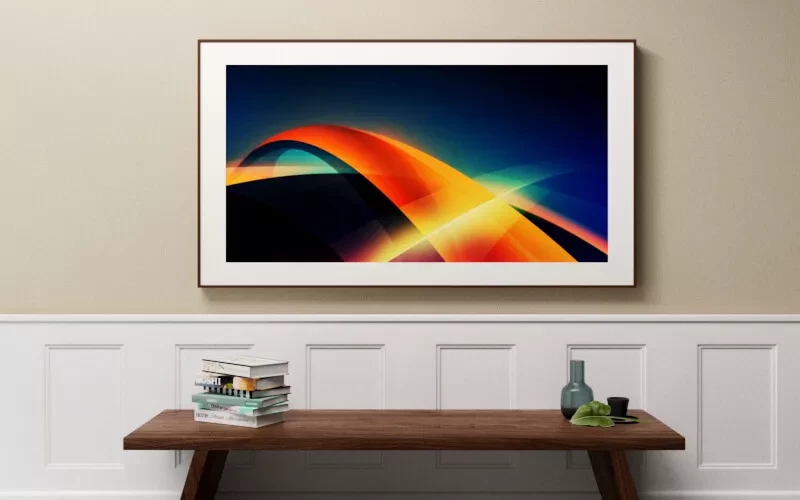 Elegant interior design featuring an abstract digital art piece displays on a smart TV.