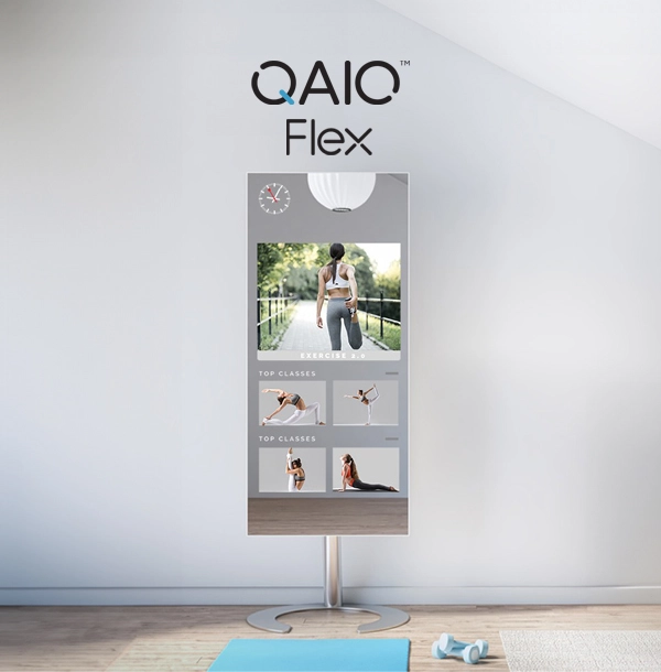 Personalized smart fitness mirror TV on a spacious room.
