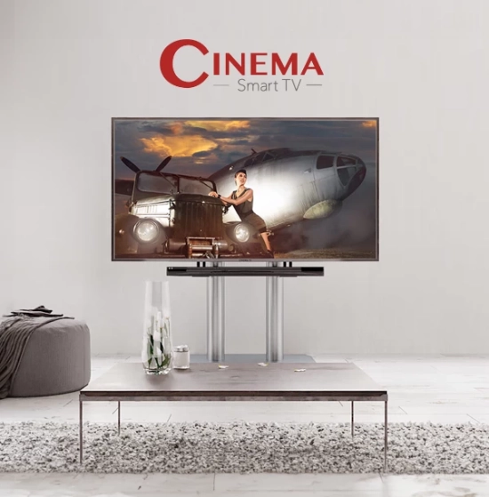 Living room setup with a cinematic TV on a stand.