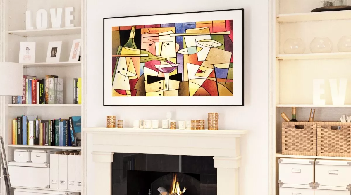 Cozy fireplace lounge area featuring a vibrant smart TV with geometric painting display.