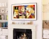 Snippet of a cozy fireplace lounge area featuring a vibrant smart TV with geometric painting display.