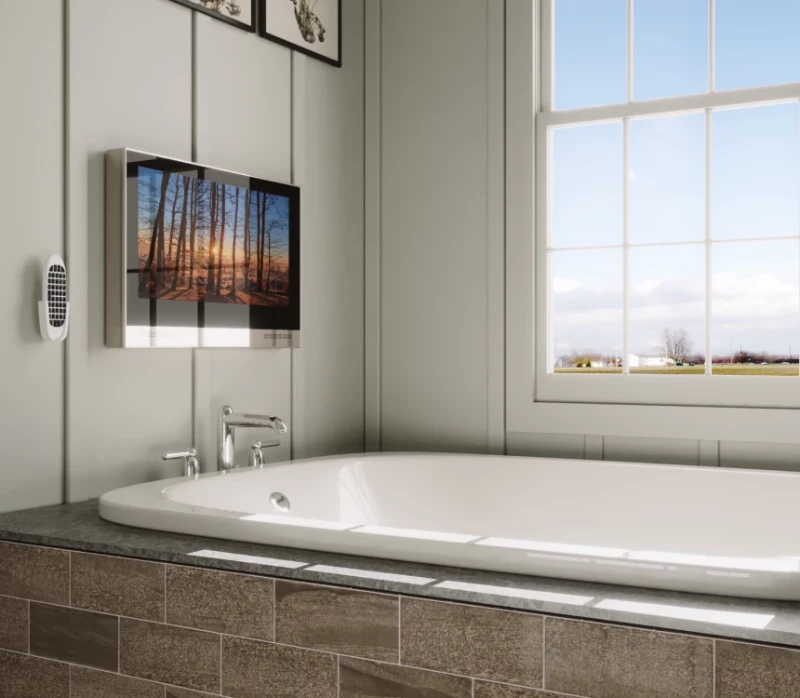 Bathroom TV mounted a vintage-filtered bathroom.